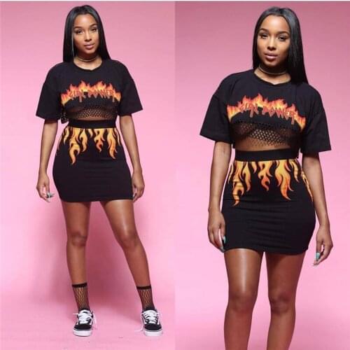 Two Piece Set Women Fire Flame Print Back See Through Mesh Crop Top and Mini Skirt Suit Hot Sexy Club Outfits 2pcs Matching Sets