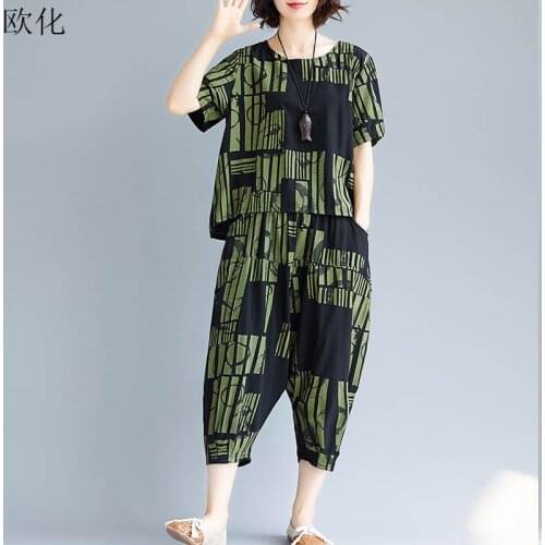 Plus Size 2020 Summer New Art Print 2 Piece Set Sportswear Women Vintage Cotton Linen Tshirt Female Elastic Waist Wide Leg Pants