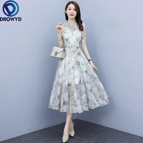 Floral Chiffon Short Sleeve Dress Female Summer 2021 New Temperament Fashion French Long Retro Dress Elegant Workwear Party Robe