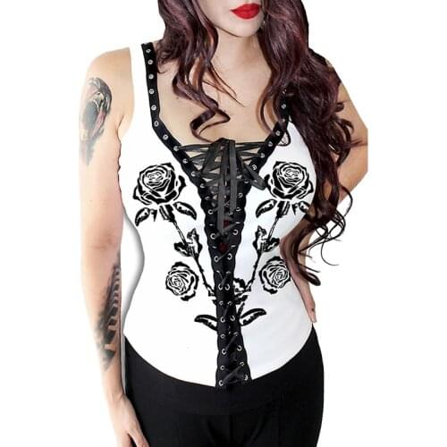 2021 Summer Black Red Pink Women Rose Flower Print Gothic Clothing Tank Top WaistSexy Sleeveless Bandage Y2k Top Plus Size Vest