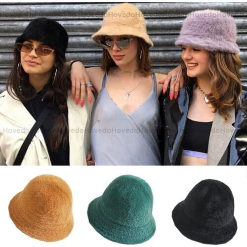 2020 Warm Winter Hat Womens Fashion Solid Color Rabbit Fur Hat Bucket Cap Fishermans Hat Retro Knitted Wool Basin Bucket Hat
