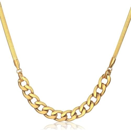 Gold Color Stainless Steel Snake Chain Choker Cuban Chain Charm Necklaces for Women Girls Herringbone Chain Adjustable DDN298