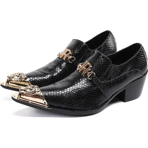 Metal Pointed Toe High Heels Mens Party Shoes Black Snakeskin Grain Leather Men Casual Business Shoes Man Wedding Suits Shoes