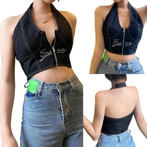Womens Halter Crop Tops, Sleeveless Backless Rhinestone Letter Pattern Zip Front Camisole