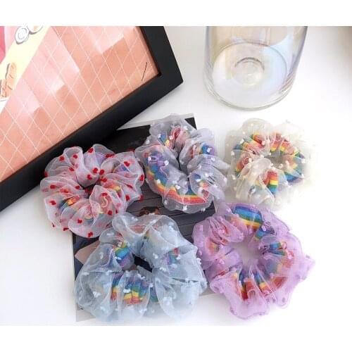 Purple White Red Yellow Blue Tulle Rainbow Elastic Hair Bands Hair Ring Ponytail Holder Girls Loop Hair Scrunchies Headwear