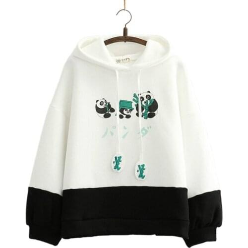 Fleece Women Cartoon Panda Print Cute Hooded Sweatshirts Casual Long Sleeve Hoodies Sweet Style Teen Girls Cute Kawaii Warm Tops