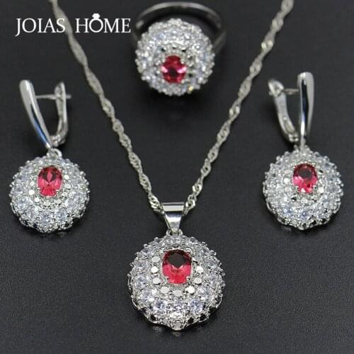 JoiasHome 925 Sterling Silver Jewelry Wave Flower Ruby Three-Piece European and American Bridal Headdress Set