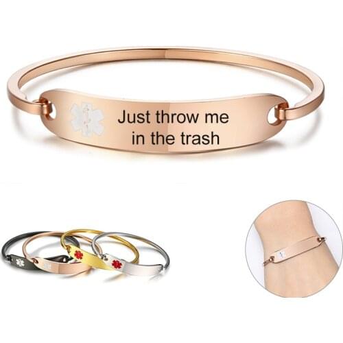 When I'm Dead Just Throw Me in The Trash Medical Alert ID Bracelets for Women Stainless Steel Elegant Personalize Cuff Bangle
