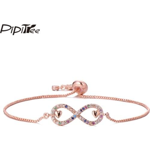 Pipitree Multicolor AAA CZ Zircon Infinity Charm Bracelet Double Heart Slider Chain Wedding Bracelets for Women Lovers Jewelry
