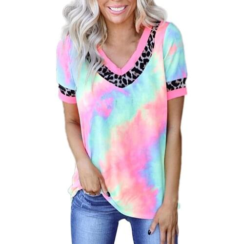 Fashion Women Summer Tie Dye V-Neck Short Sleeve Loose T-Shirt Pullover Top