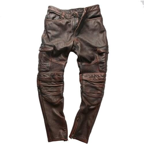 14oz colourful Rock Can Roll Genuine Cow Leather Motorcycle Rider Pants Vintage Stylish Cowhide Trousers 4 Colours
