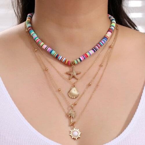 Vintage Multilayered Necklace Set for Women Sun Starfish Shell Pendant Soft Pottery Bohemia Choker Necklace Trend Jewelry AM3193