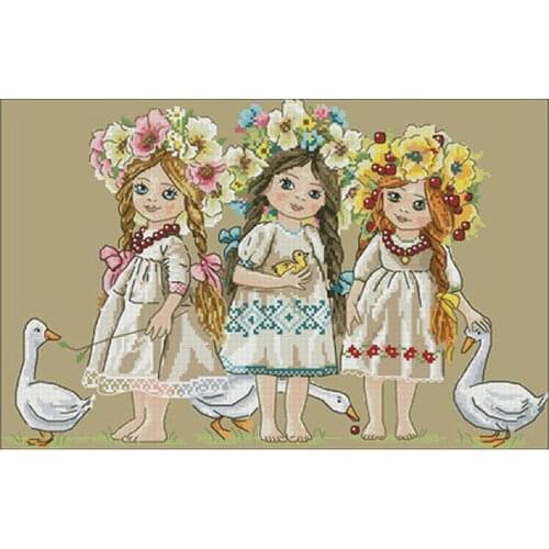 Three girls wearing flowers patterns counted 11CT 14CT Cross Stitch Sets DIY Chinese Cross-stitch Kits Embroidery Needlework