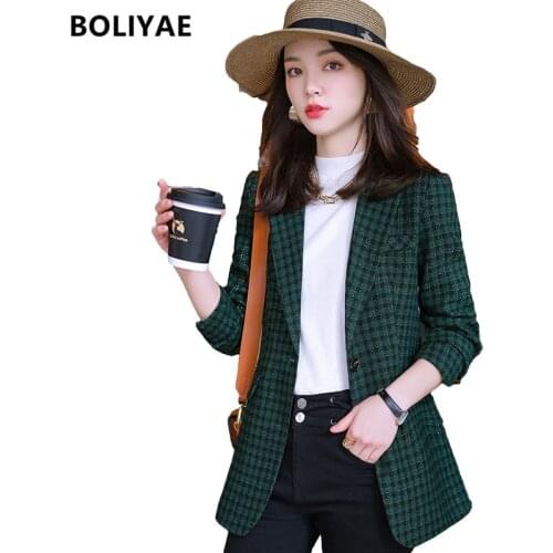 Boliyae 2021 Autumn and Winter New Suit Coat Womens Fashion Tweed Plaid Jacket Casual Single button Long Sleeve Blazer Tops
