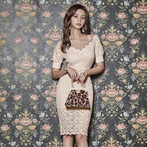 2021 Summer New Elegant Mesh patchwork Lace dress O-neck Short Sleeve Slim Club Party Dress Bodycon Formal Pencil Dress