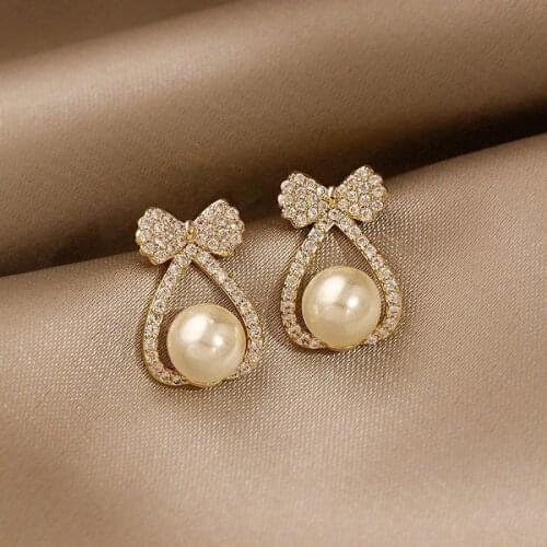 New Elegant and Exquisite Zircon Bow Pearl Drop Earrings For Woman 2021 Korean Fashion Jewelry Party Girl Temperament Earrings