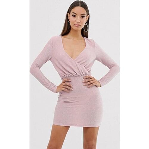 Sexy Slim Fit Show Thin Bag Hip V-neck Cross Waist Fold Long Sleeve Solid Color Dress