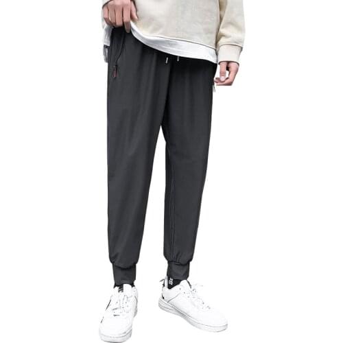 Casual Mens Summer Daily Wear Sweatpants Large Size M-4XL Solid Color Ice Silk Cool Ankle-Length Pants Elastic Waist Trousers
