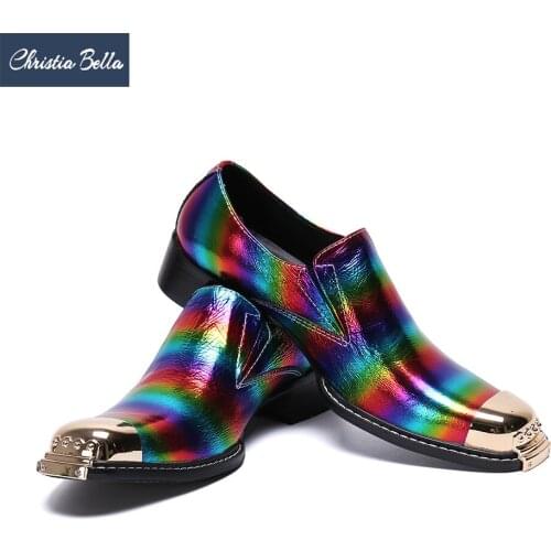 Christia Bella Fashion Color Printing Genuine Leather Men Business Shoes Plus Size Slip on Metal Square Toe Formal Dress Shoes