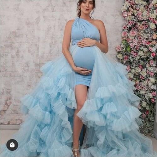 Cozy 2021 Sky Blue Women Maternity Robe With Detachable Train Ruffles Tiered Tulle High Low Prom Gowns Free Size