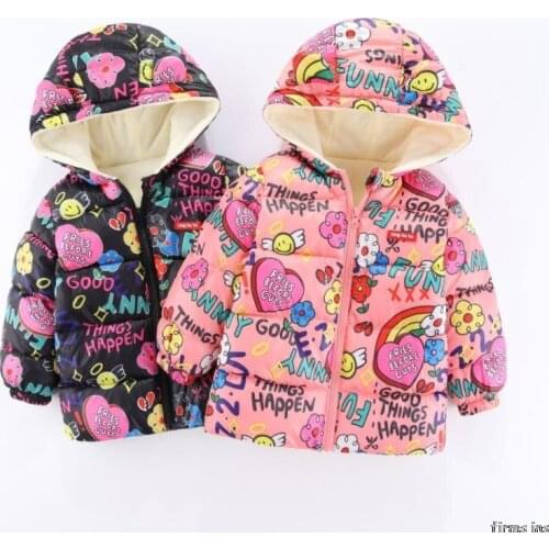 Toddler Girl Outerwear Winter Girls Cartoon Graffiti Jacket Thicken Childrens Coat 1-5 Year Kids Hooded Jackets Girl Clothing