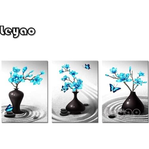 Visual Art Decoration Modern Minimalist Life Black And White Blue Flowers 5D Diamond Paintings Magnolia Zen Sandstone Triptych