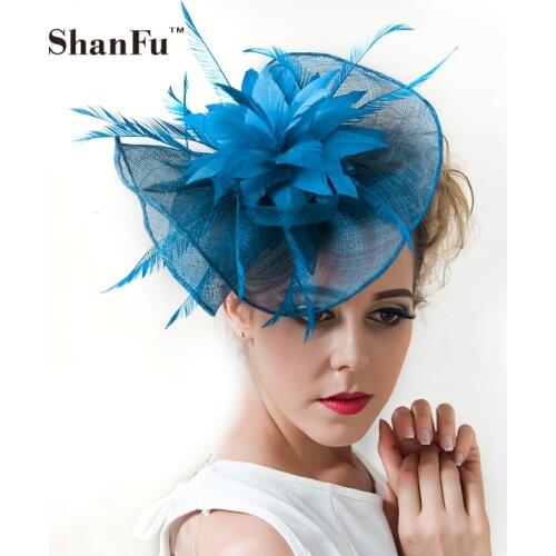 ShanFu Women Large Flower Feather Wedding Hat Girl Charming Sinamay Fascinators Design with Special Shape Fashion Headpiece12329