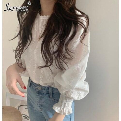 O Neck Lace White Floral Print Vintage Elegant Women Blouses Lantern SleevesCasual Sweet Korean Style Femme Tops Modis