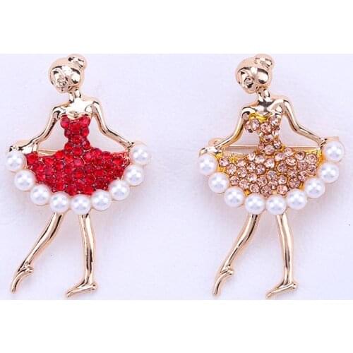 Metal Brooches Women Rhinestone Faux Pearl Inlaid Dancing Girl Brooch Pins For Women Cardigan Sweater Clothing Accessory