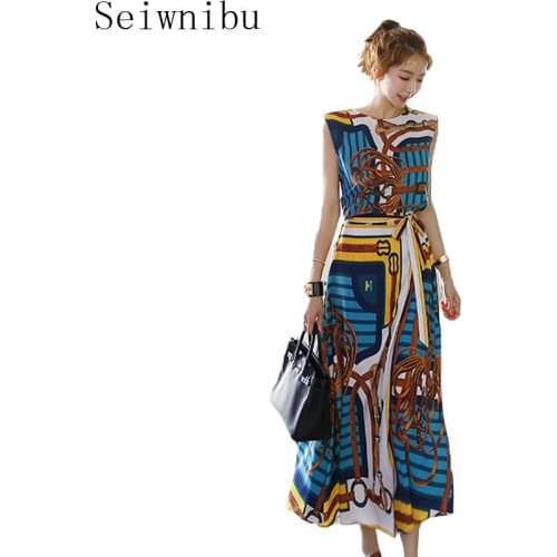2018 New Spring Autumn Womens Sleeveless Runway Print Shirt + Long Skirt Two-piece Female bow tie Skirt Suits