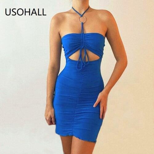 USOHALL Summer New Halter Neck Slash Neck Women Bodycon Dress Sleeveless Backless Bandage Sexy Party Clubwear Dresses