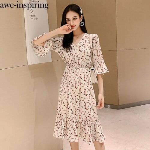 Awe-inspiring Fashion Womens Dress Korean Style V-neck Print Floral Dress Chiffon Sweet Flare Sleeve Midi Ruffle Summer Dress