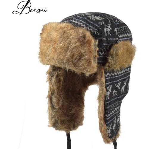 Unisex Winter Knit Ear Flap Cap Men Russian Ushanka cossack Womens Trapper Faux Fur Bomber Hat Pilot Aviator Cap Hat