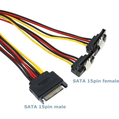 0.2M 90 Degree SATA 15-pin Male to 2 x 15P Female Y-Distributor Adapter With Buckle Computer Case Power Cord High Quality