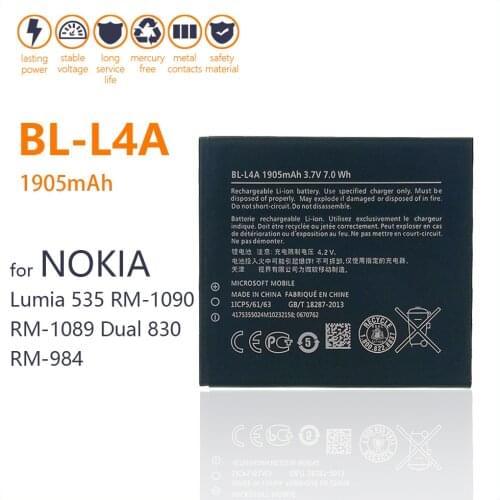 100% Real 1905mAh BL-L4A Battery For Nokia Lumia 535 RM-1090 RM-1089 Dual 830 RM-984 BL L4A Smart Phone High Quality Battery
