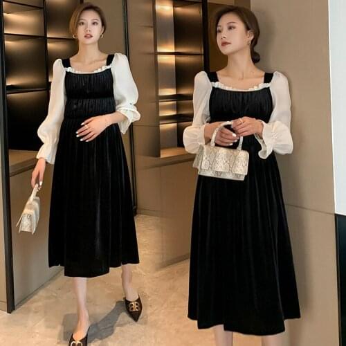 2021 Spring Pleuche Patchwork Maternity Long Dress Korean Fashion Sweet A Line Loose Clothes for Pregnant Women Pregnancy