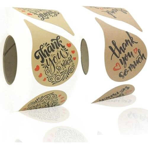 500pcs Droplet Shape Natural Kraft Thank You So Much Sticker for Business Boutique Bag Wedding Envelope Festival Gift Decoration
