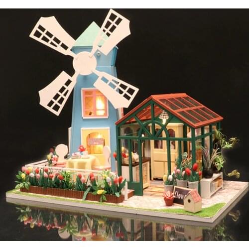 DIY Miniature Doll House with Furnitures Wooden Windmill Flower House Model for Children Adult Building Kits Dollhouse (S8