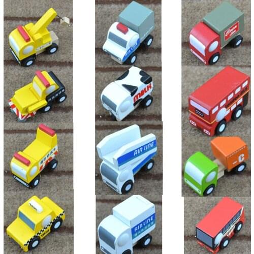 Express it in Small wooden mini cars set toys mini children car model puzzle wooden toys excavator fire engines milk car taxi