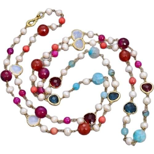 GG Jewelry 56" Cultured White Pearl Multi Color Agate Crystal Long Necklace