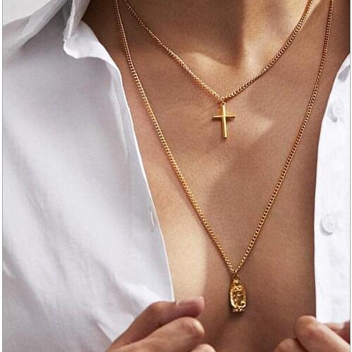 Hot Selling Sparkly Cross Pendant Necklace Long Imitation Chain Rosary Madonna Coin Necklaces Pendants Religious Jewelry