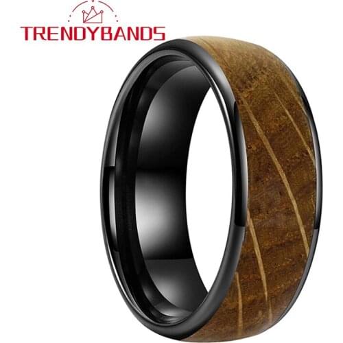 Black 8MM Whisky Wood Inlay Rings For Men Women Tungsten Carbide Wedding Band Domed Polished Shiny Comfort Fit
