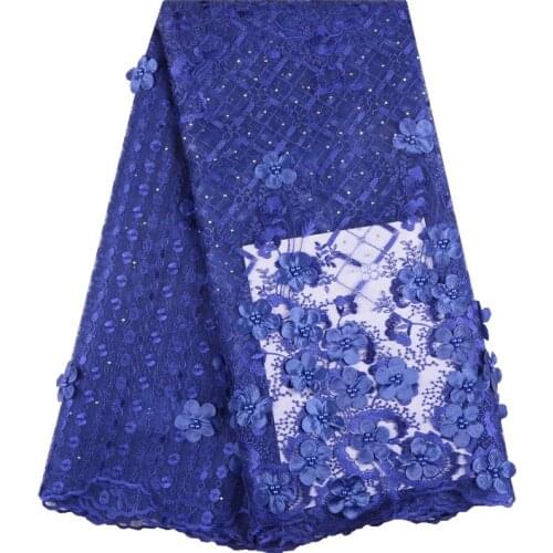 Royal Blue French Lace Fabric 3D Flower Embroidered African Tulle Lace Fabric With Beads African Lace Fabric For Wedding S1543