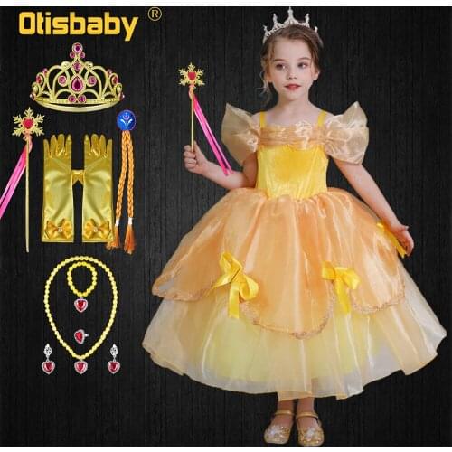 Beauty and the Beast Halloween Carnival Costume Girls Birthday Princess Belle Dress Up New Year Shoulderless Yellow Dresses Kids
