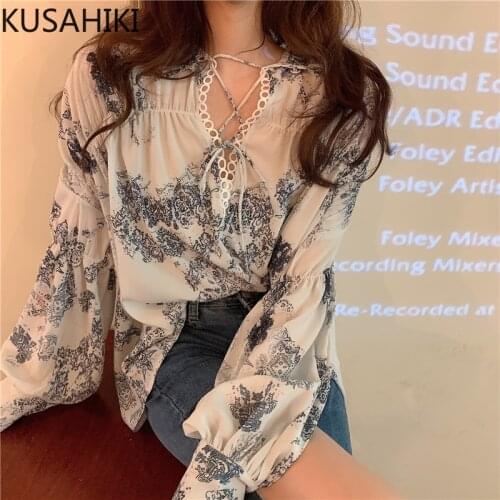 KUSAHIKI Blouses Women 2021 Spring New Printing Shirt Causal Lace Up V-neck Long Sleeve Blusas Korean Loose Tops Mujer 6F295