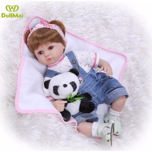 Cute reborn baby girl dolls soft cotton body vinyl silicone reborn dolls with panda plush 18"40cm bebes reborn menina