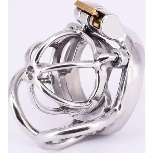 Stainless Steel Male Chastity Cage with Anti-off Ring Short Metal Cockring Curved Testicle Restraints Gear Chastity Device