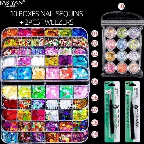 10 Boxes Nail Art Sequins Accessories +2Pcs Tweezers Tools Set Various Shapes Butterfly Maple Leaf Glitter Flakes Decorations