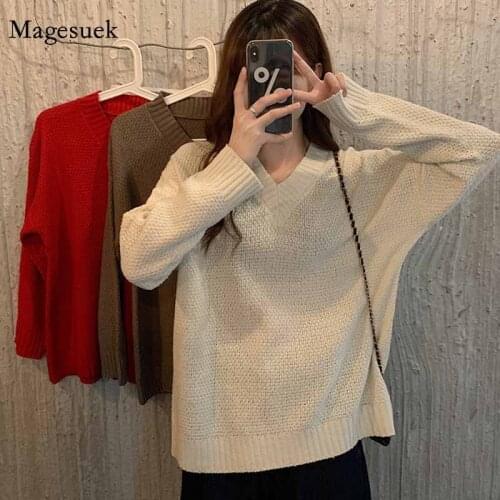 Early Autumn New All-match Solid Color Pullover Sweater Women Casual Korean-Style V-neck Knitted Jumper Sweaters for Women 11632