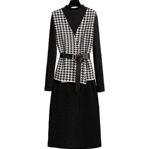 Korea Fall Winter New 2020 Fashion Women Dress Suit Plaid Knitting Good Elasticity Vests Black Loose Elegant Dress Two Piece Set